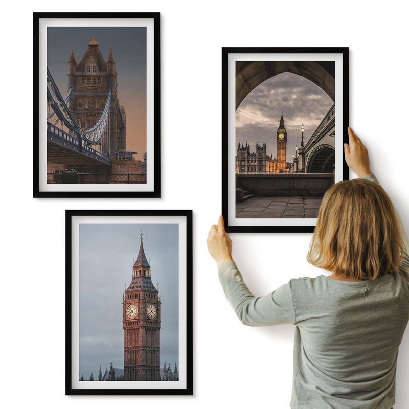 Galeria ścienna 3-częściowy komplet obrazów w czarnych ramach - Widoki Londynu z mostem i zegarem Big Benem - ArtPrintCave