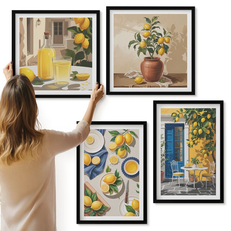 Galeria ścienna 4-częściowy komplet obrazów w czarnych ramach - Cytrynowy ogród z cytrynami i napojami na stole - ArtPrintCave