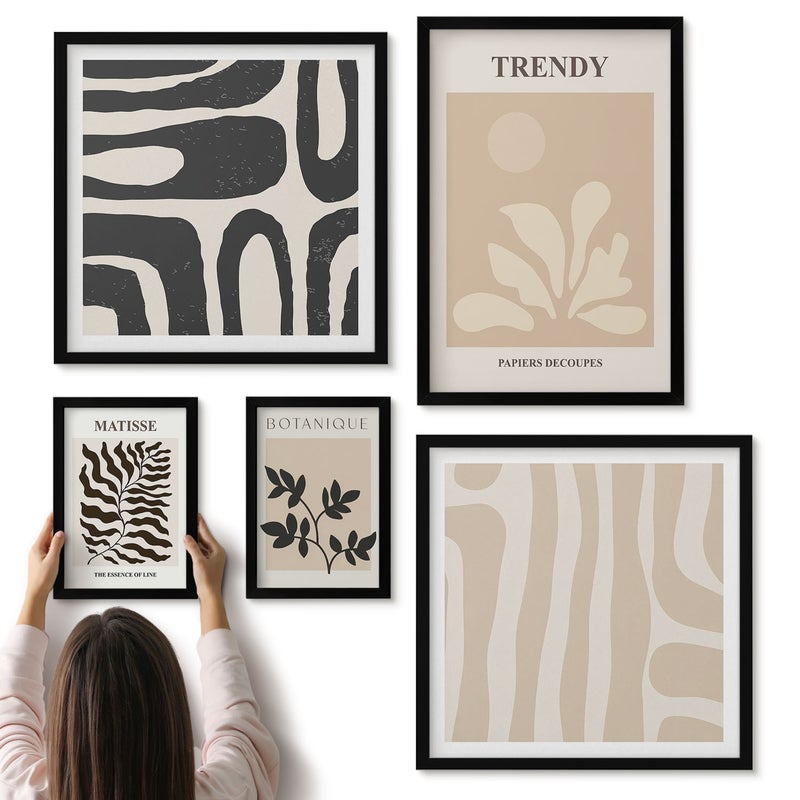 Galeria ścienna 5-częściowy komplet obrazów w czarnych ramach - Stylowe motywy roślinne i geometryczne formy dekoracyjne - ArtPrintCave