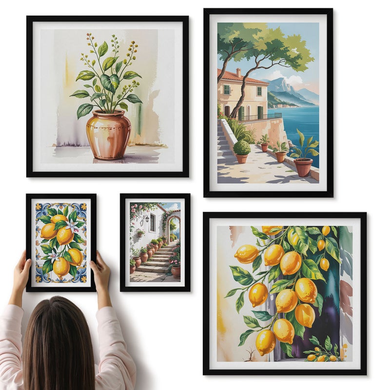 Galeria ścienna 5-częściowy komplet obrazów w czarnych ramach - Krajobrazy śródziemnomorskie z cytrusami i roślinnością - ArtPrintCave