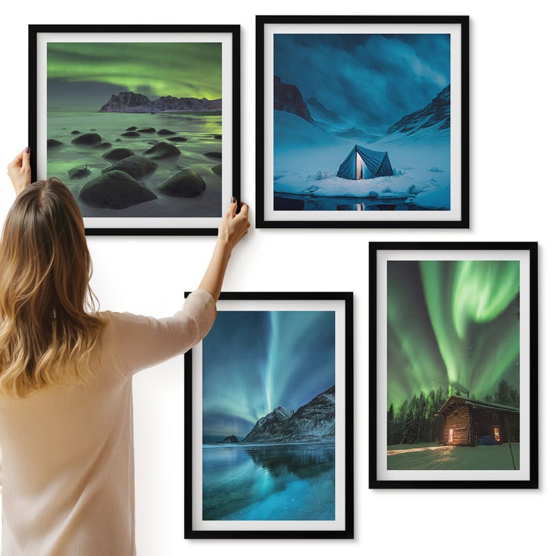 Galeria ścienna 4-częściowy komplet obrazów w czarnych ramach - Zimowe pejzaże z zorzą polarną nad górami - ArtPrintCave