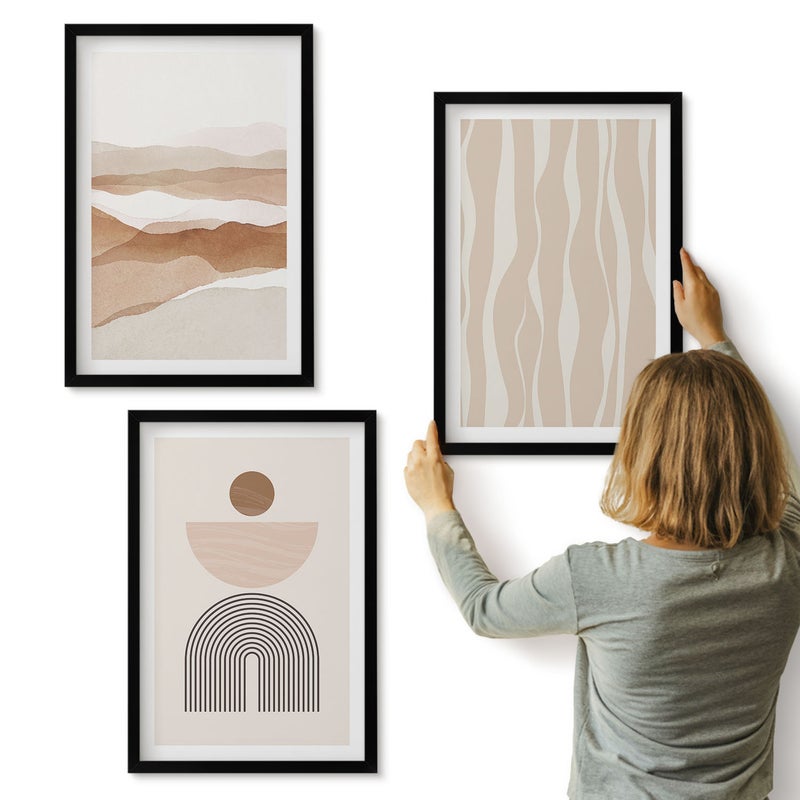 Galeria ścienna 3-częściowy komplet obrazów w czarnych ramach - Abstrakcyjny pejzaż kształty natury i geometria - ArtPrintCave