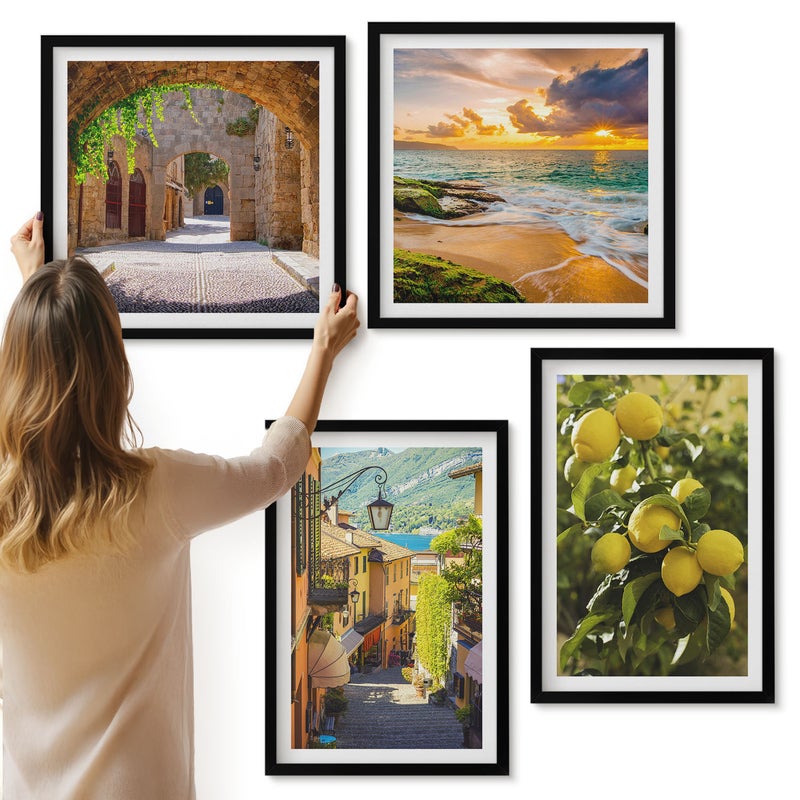 Galeria ścienna 4-częściowy komplet obrazów w czarnych ramach - Malownicze uliczki morze plaża i cytrusy - ArtPrintCave