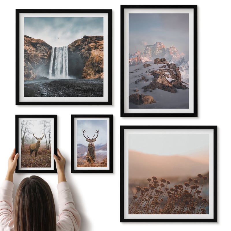 Galeria ścienna 5-częściowy komplet obrazów w czarnych ramach - Krajobrazy górskie z dziką przyrodą i zwierzętami - ArtPrintCave