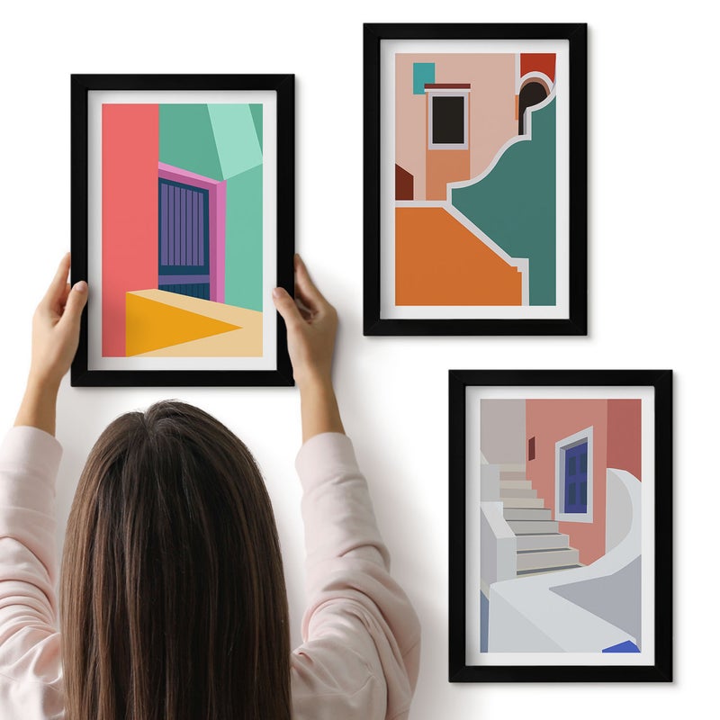 Galeria ścienna 3-częściowy komplet obrazów w czarnych ramach - Kolorowe ilustracje budynków w stylu nowoczesnym - ArtPrintCave