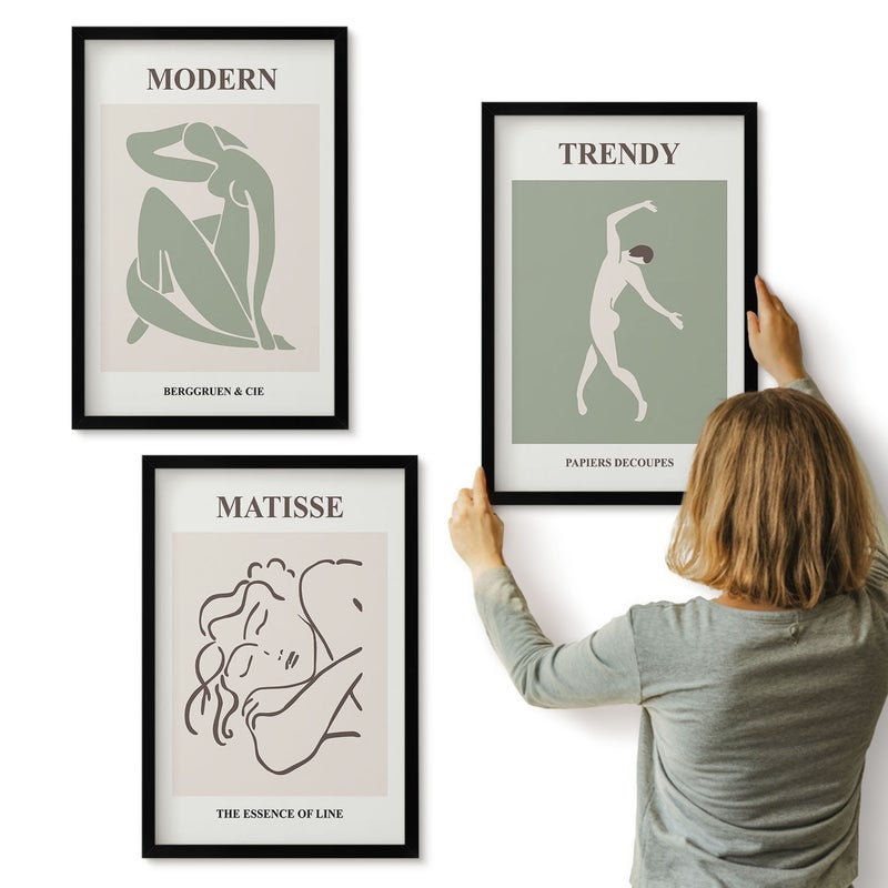 Galeria ścienna 3-częściowy komplet obrazów w czarnych ramach - Stylowe postacie w minimalistycznych formach i kolorach - ArtPrintCave