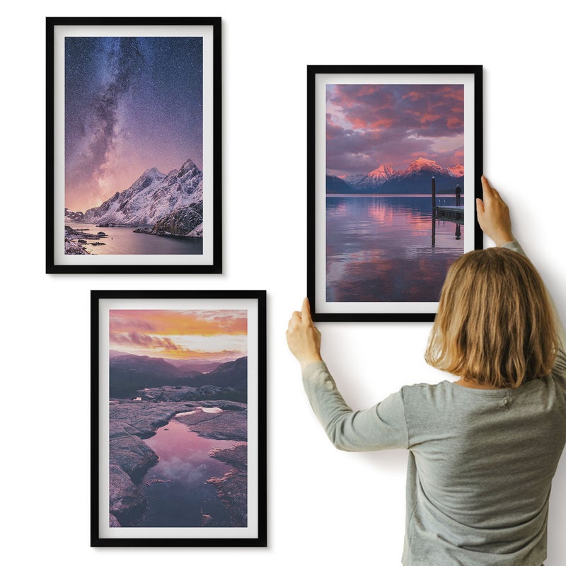Galeria ścienna 3-częściowy komplet obrazów w czarnych ramach - Góry i woda w pięknych naturalnych krajobrazach - ArtPrintCave
