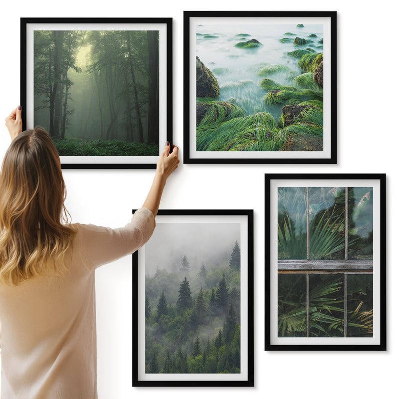 Galeria ścienna 4-częściowy komplet obrazów w czarnych ramach - Las we mgle brzeg rzeki i szklarnia z roślinami - ArtPrintCave