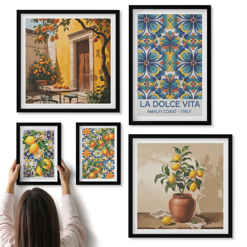 Galeria ścienna 5-częściowy komplet obrazów w czarnych ramach - Włoskie motywy cytrusowe w stylu śródziemnomorskim - ArtPrintCave