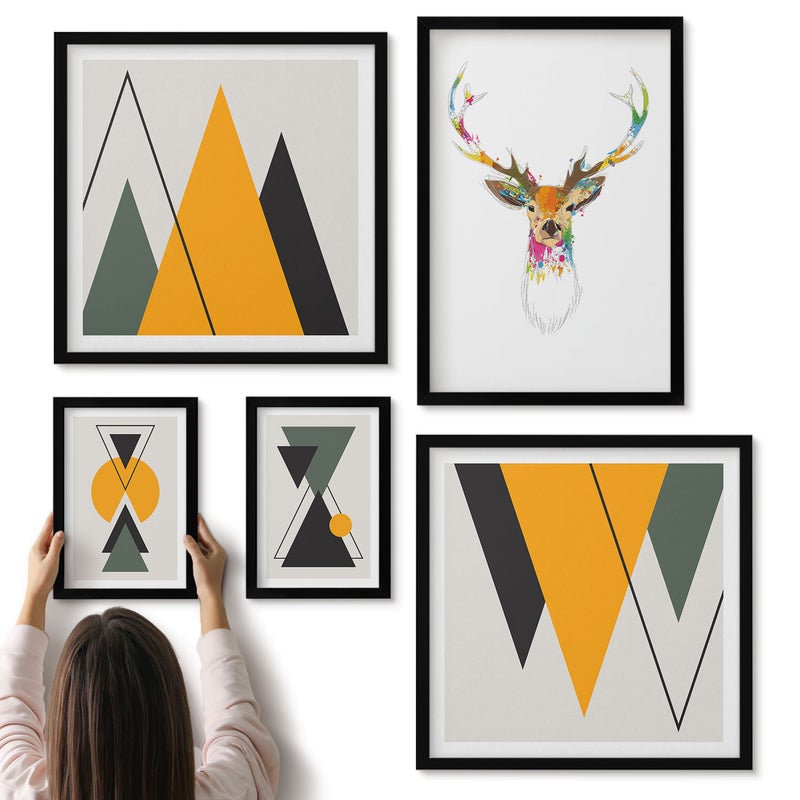 Galeria ścienna 5-częściowy komplet obrazów w czarnych ramach - Styl boho z kolorowymi motywami zwierzęcymi i geometrycznymi - ArtPrintCave
