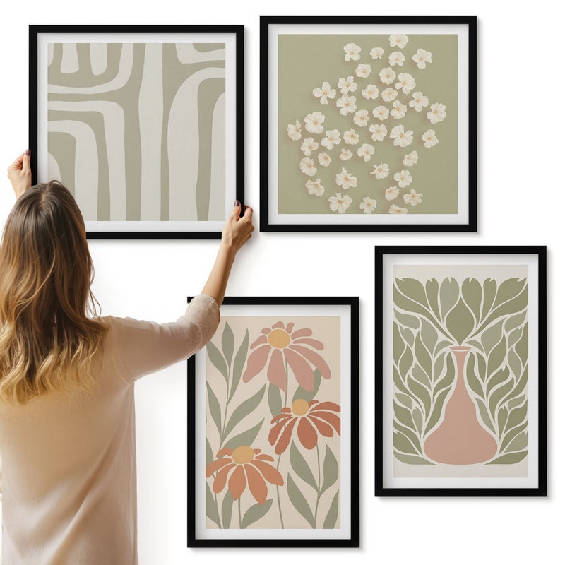 Galeria ścienna 4-częściowy komplet obrazów w czarnych ramach - Kwiatowe motywy minimalistyczne wzory styl boho - ArtPrintCave