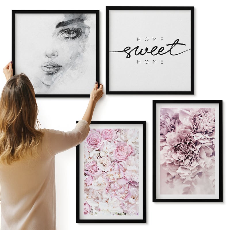 Galeria ścienna 4-częściowy komplet obrazów w czarnych ramach - Delikatne piwonie portret kobiety home sweet home - ArtPrintCave