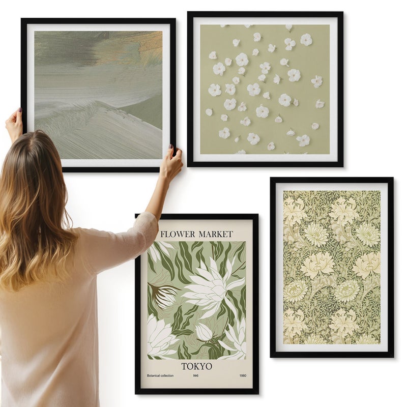 Galeria ścienna 4-częściowy komplet obrazów w czarnych ramach - Roślinne wzory i abstrakcje styl boho - ArtPrintCave