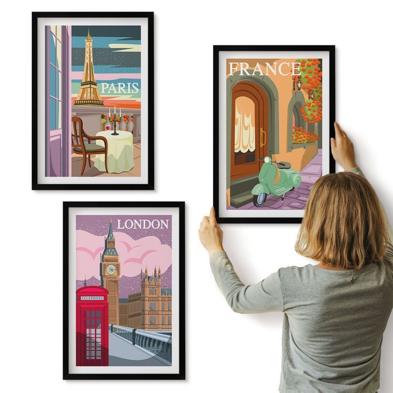 Galeria ścienna 3-częściowy komplet obrazów w czarnych ramach - Widoki miast Paryż Londyn i Francja w stylu retro - ArtPrintCave