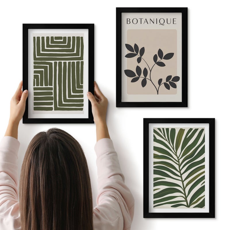 Galeria ścienna 3-częściowy komplet obrazów w czarnych ramach - Botaniczne kompozycje w stylu boho minimalizm - ArtPrintCave