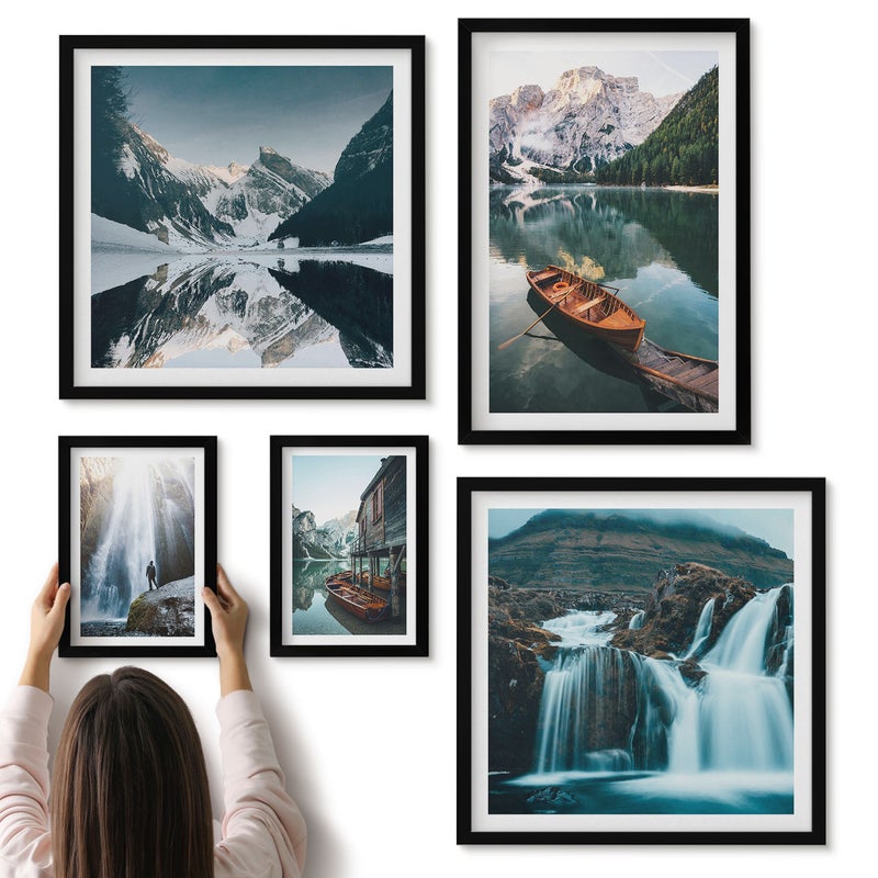 Galeria ścienna 5-częściowy komplet obrazów w czarnych ramach - Krajobrazy górskie z wodospadami i jeziorami alpejskimi - ArtPrintCave