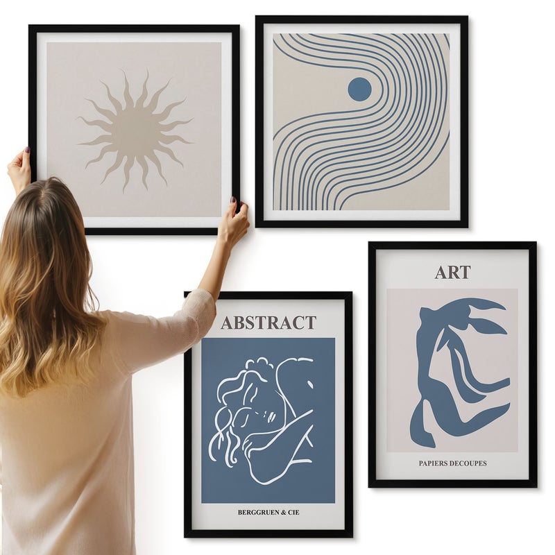 Galeria ścienna 4-częściowy komplet obrazów w czarnych ramach - Stylowe abstrakcyjne wzory z postaciami i kwiatami Matisse - ArtPrintCave