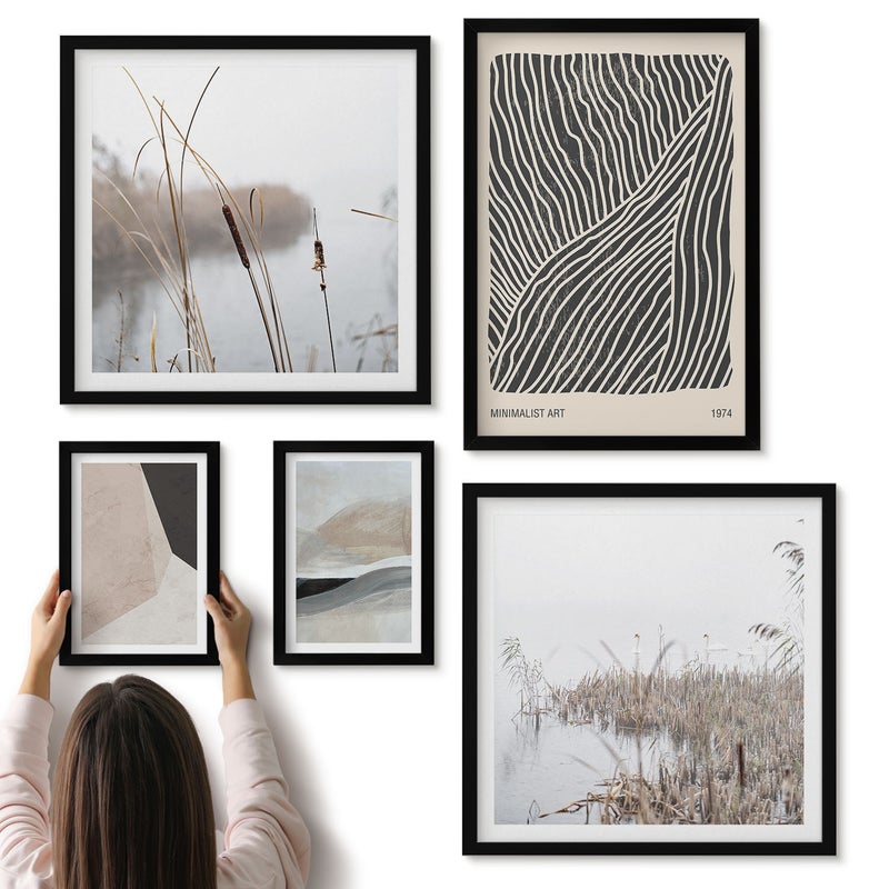 Galeria ścienna 5-częściowy komplet obrazów w czarnych ramach - Minimalistyczna sztuka z motywami natury i abstrakcji - ArtPrintCave