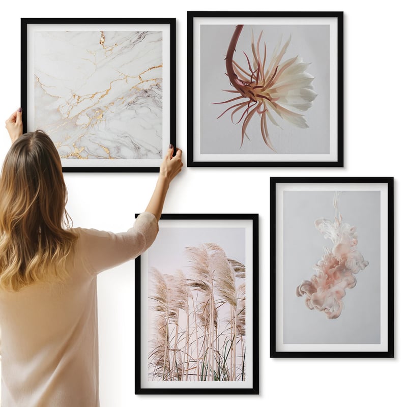 Galeria ścienna 4-częściowy komplet obrazów w czarnych ramach - Eleganckie kwiaty i trawy biały marmur - ArtPrintCave