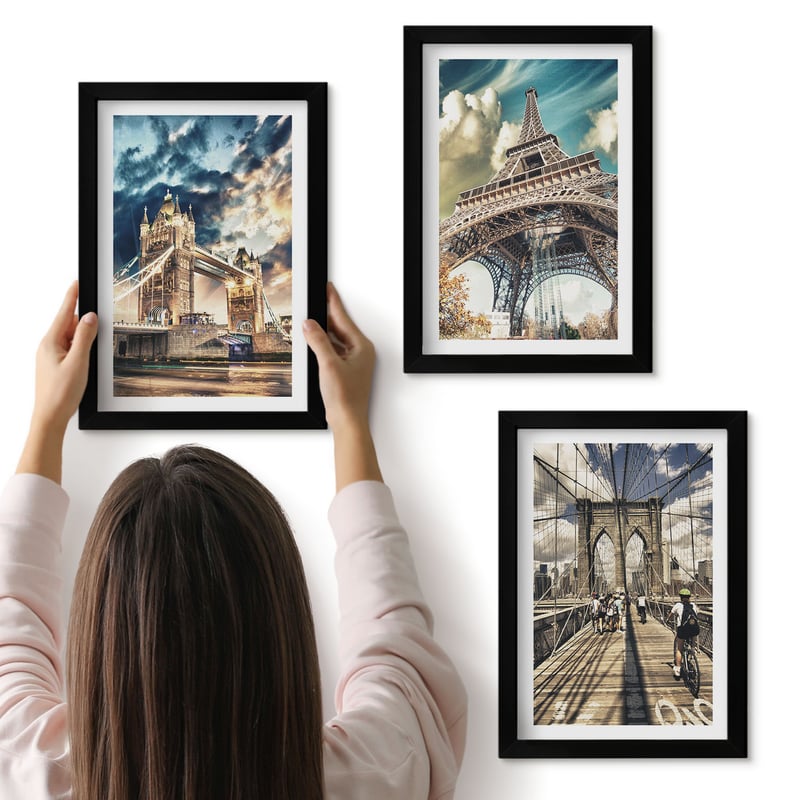 Galeria ścienna 3-częściowy komplet obrazów w czarnych ramach - Mosty i wieże w europejskich miastach - ArtPrintCave