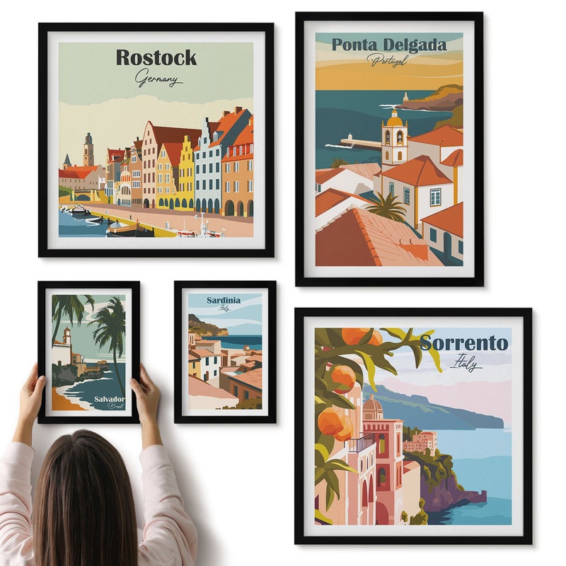Galeria ścienna 5-częściowy komplet obrazów w czarnych ramach - Europejskie miasta widoki na malownicze krajobrazy - ArtPrintCave