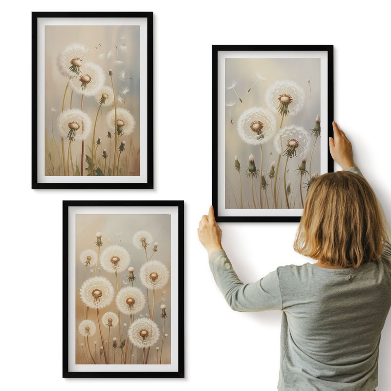 Galeria ścienna 3-częściowy komplet obrazów w czarnych ramach - Białe dmuchawce na tle jasnych kolorów - ArtPrintCave