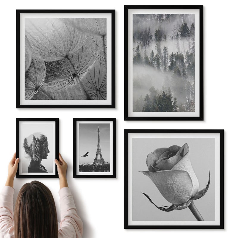 Galeria ścienna 5-częściowy komplet obrazów w czarnych ramach - Czarno-białe inspiracje z naturą i miastem europejskim - ArtPrintCave