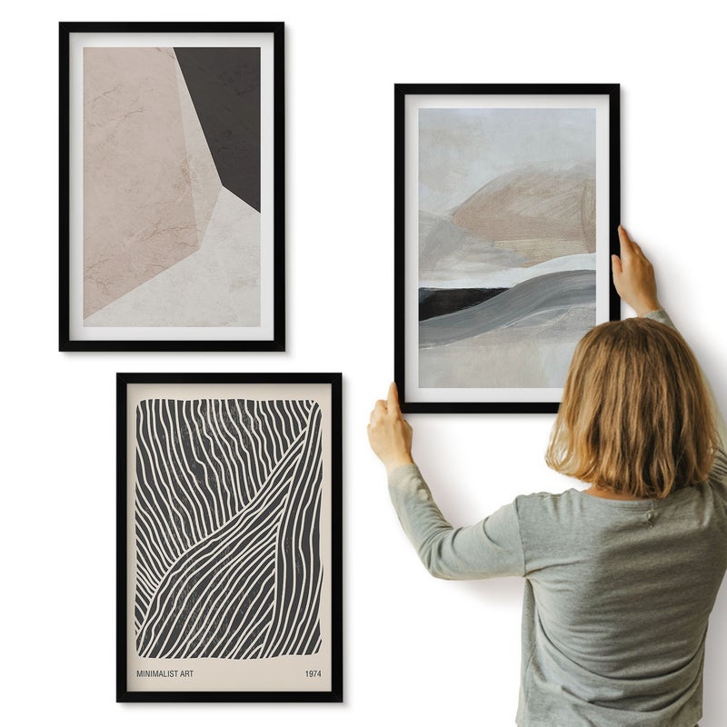 Galeria ścienna 3-częściowy komplet obrazów w czarnych ramach - Abstrakcyjne wzory w odcieniach beżu i szarości - ArtPrintCave