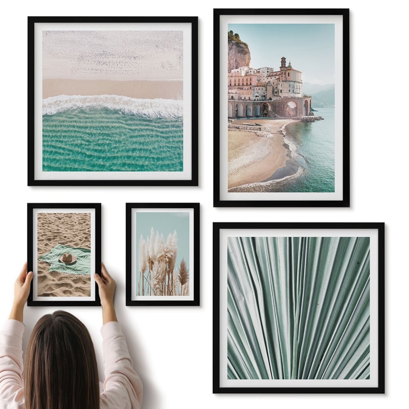 Galeria ścienna 5-częściowy komplet obrazów w czarnych ramach - Stylowe widoki nadmorskie z plażami i roślinnością - ArtPrintCave