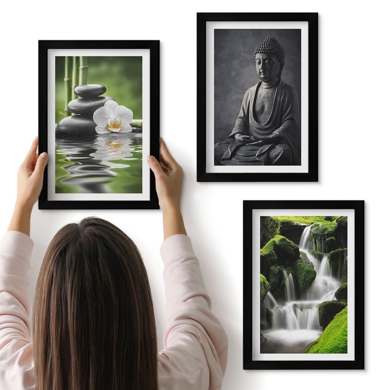 Galeria ścienna 3-częściowy komplet obrazów w czarnych ramach - Relaksujące obrazy ZEN z wodą kamieniami i Buddą - ArtPrintCave