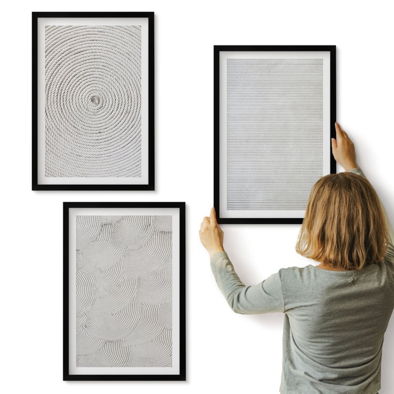 Galeria ścienna 3-częściowy komplet obrazów w czarnych ramach - Geometryczne tektury nowoczesne wzory - ArtPrintCave