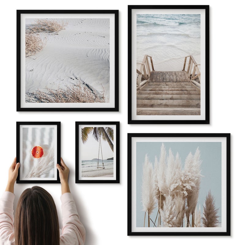Galeria ścienna 5-częściowy komplet obrazów w czarnych ramach - Plażowe inspiracje z widokami na morze i naturę - ArtPrintCave