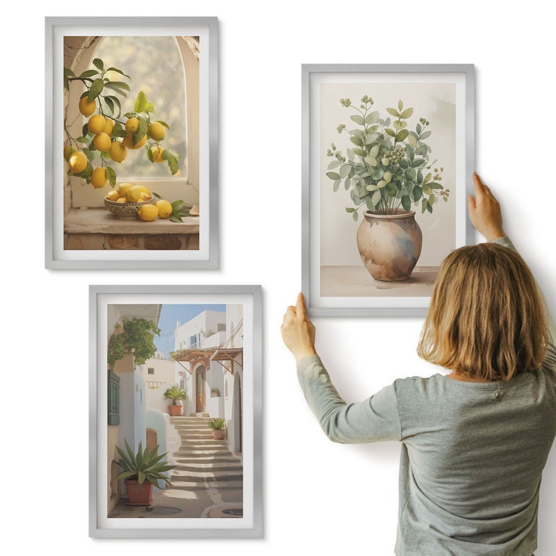 Galeria ścienna 3-częściowy komplet obrazów w srebrnych ramach - Cytryny w wazonie i rośliny w białej architekturze - ArtPrintCave