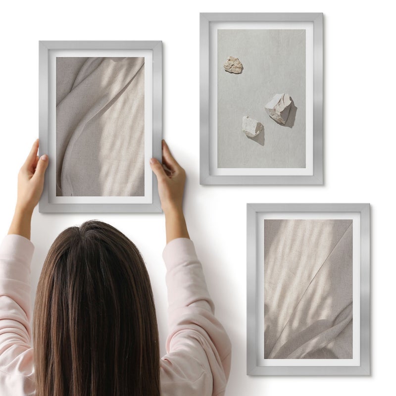 Galeria ścienna 3-częściowy komplet obrazów w srebrnych ramach - Zbliżenia na struktury styl boho nowoczesny - ArtPrintCave