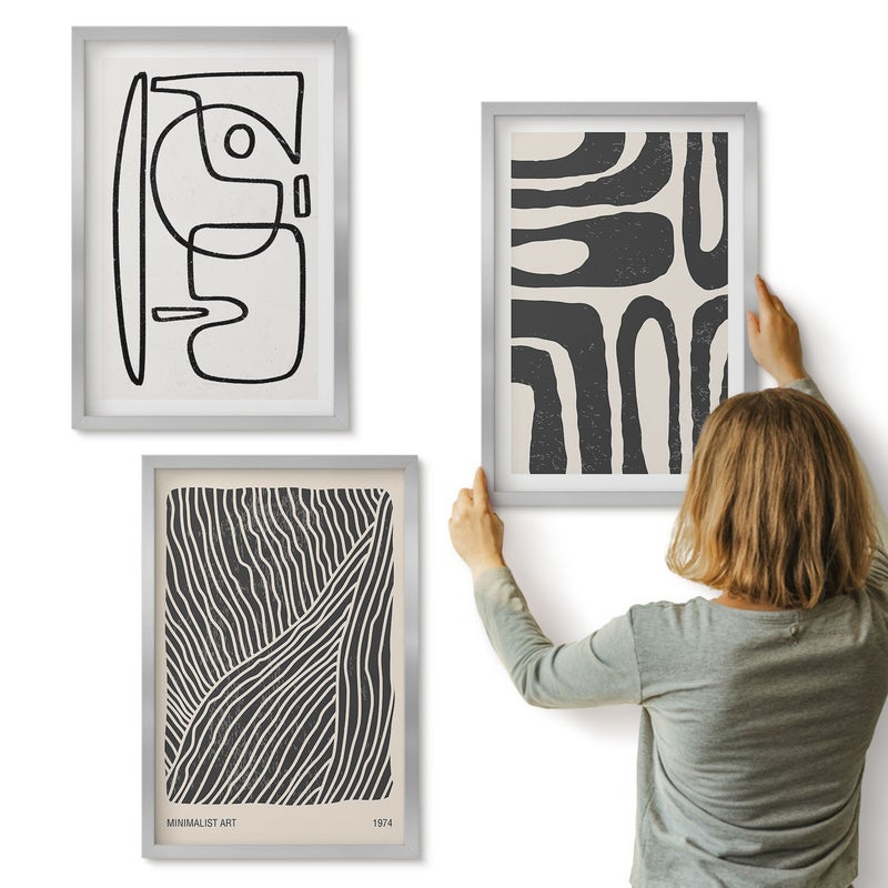 Galeria ścienna 3-częściowy komplet obrazów w srebrnych ramach - Abstrakcyjne wzory z liniami i teksturami na tle jasnym - ArtPrintCave
