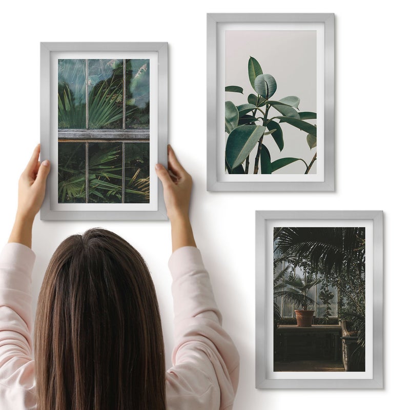 Galeria ścienna 3-częściowy komplet obrazów w srebrnych ramach - Zielone liście w oknie i rośliny w wnętrzu - ArtPrintCave