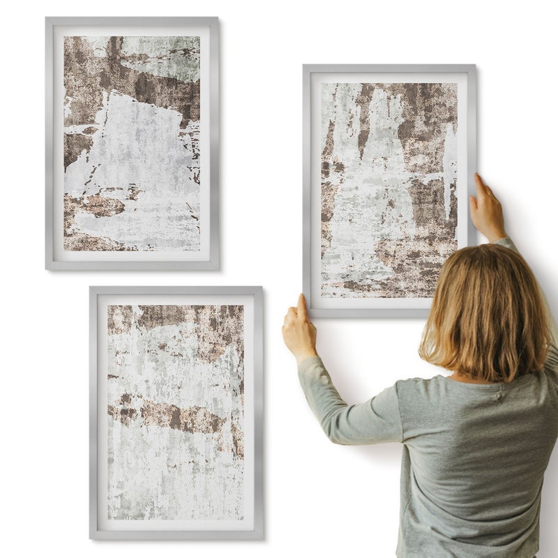 Galeria ścienna 3-częściowy komplet obrazów w srebrnych ramach - Abstrakcyjne wzory w odcieniach bieli i brązu - ArtPrintCave