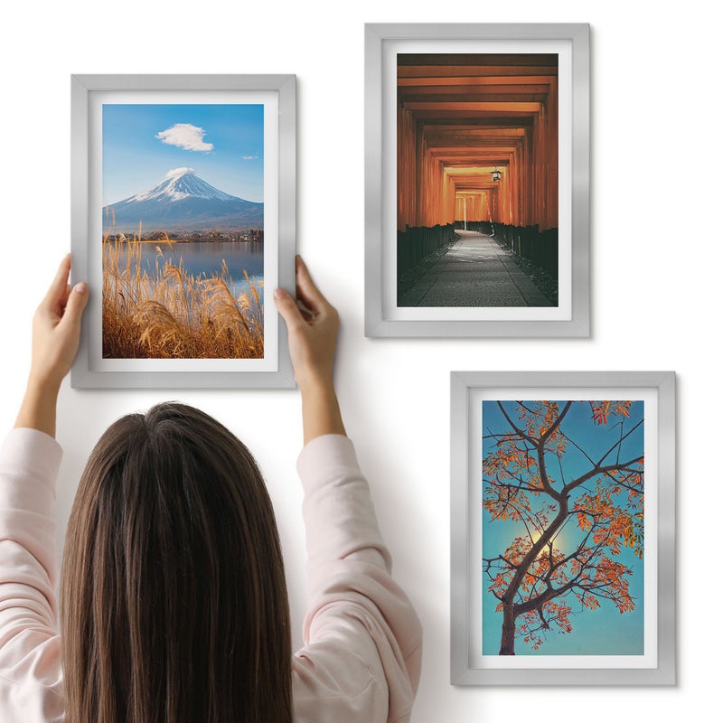Galeria ścienna 3-częściowy komplet obrazów w srebrnych ramach - Japońskie krajobrazy natura i architektura Azji - ArtPrintCave