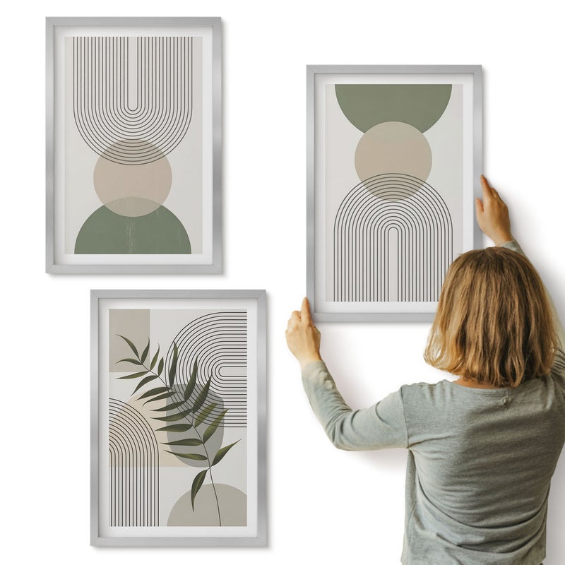 Galeria ścienna 3-częściowy komplet obrazów w srebrnych ramach - Abstrakcyjne kształty w odcieniach zieleni i beżu - ArtPrintCave