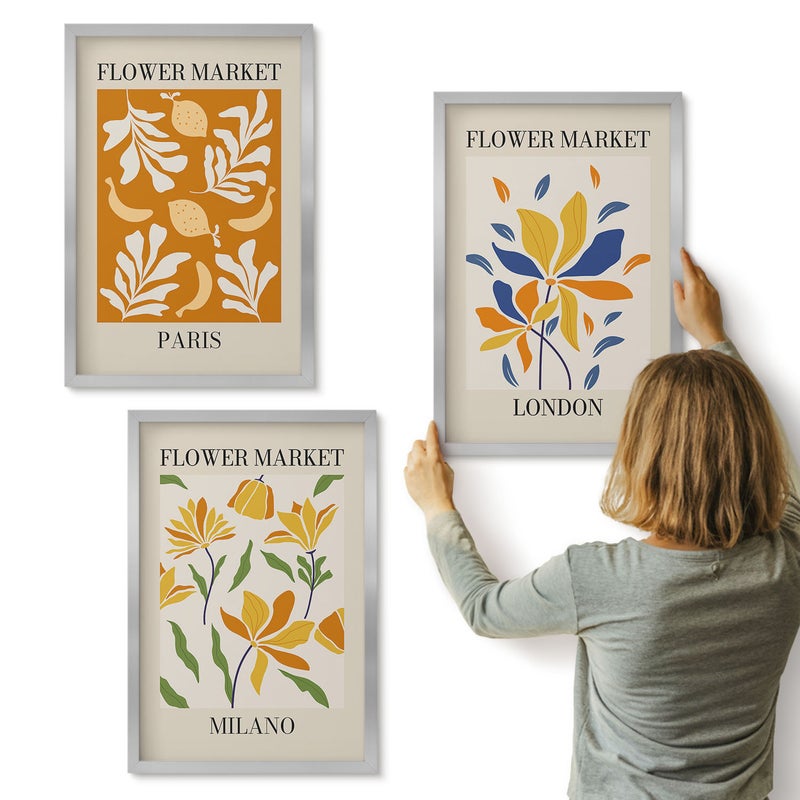 Galeria ścienna 3-częściowy komplet obrazów w srebrnych ramach - Kwiatowe postery Paryż Mediolan Londyn - ArtPrintCave