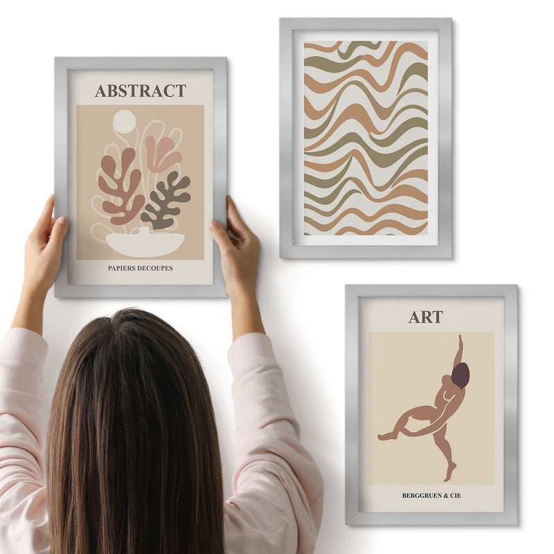 Galeria ścienna 3-częściowy komplet obrazów w srebrnych ramach - Abstrakcyjne kształty i wzory Matisse boho - ArtPrintCave