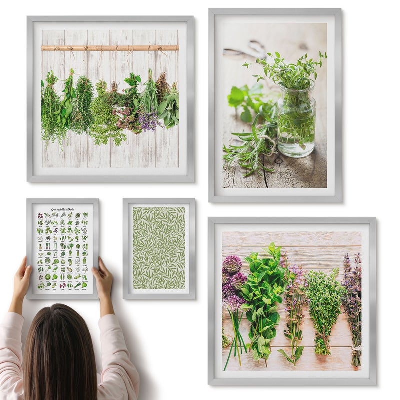 Galeria ścienna 5-częściowy komplet obrazów w srebrnych ramach - Ziołowe inspiracje w naturalnym stylu dekoracyjnym - ArtPrintCave