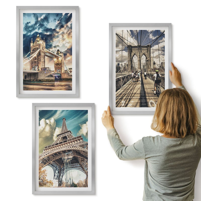 Galeria ścienna 3-częściowy komplet obrazów w srebrnych ramach - Mosty i wieże w europejskich miastach - ArtPrintCave