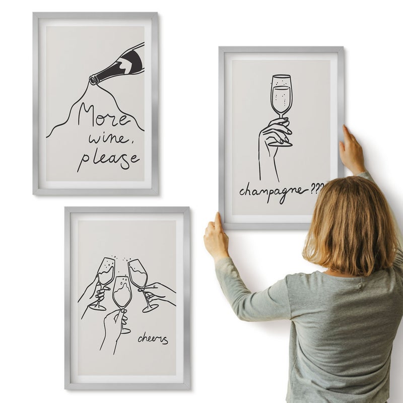 Galeria ścienna 3-częściowy komplet obrazów w srebrnych ramach - Radosne chwile z winem i szampanem line-art - ArtPrintCave
