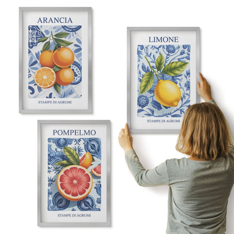 Galeria ścienna 3-częściowy komplet obrazów w srebrnych ramach - Owocowe ilustracje cytrusów w stylu vintage - ArtPrintCave