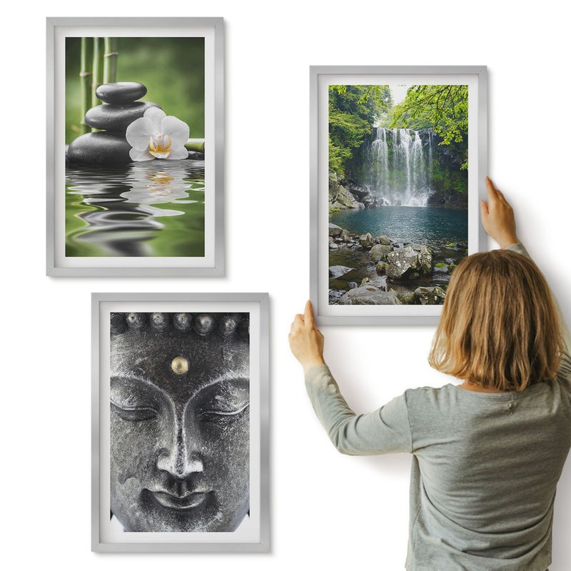 Galeria ścienna 3-częściowy komplet obrazów w srebrnych ramach - Harmonia natury z kamieniami wodą i Buddą - ArtPrintCave