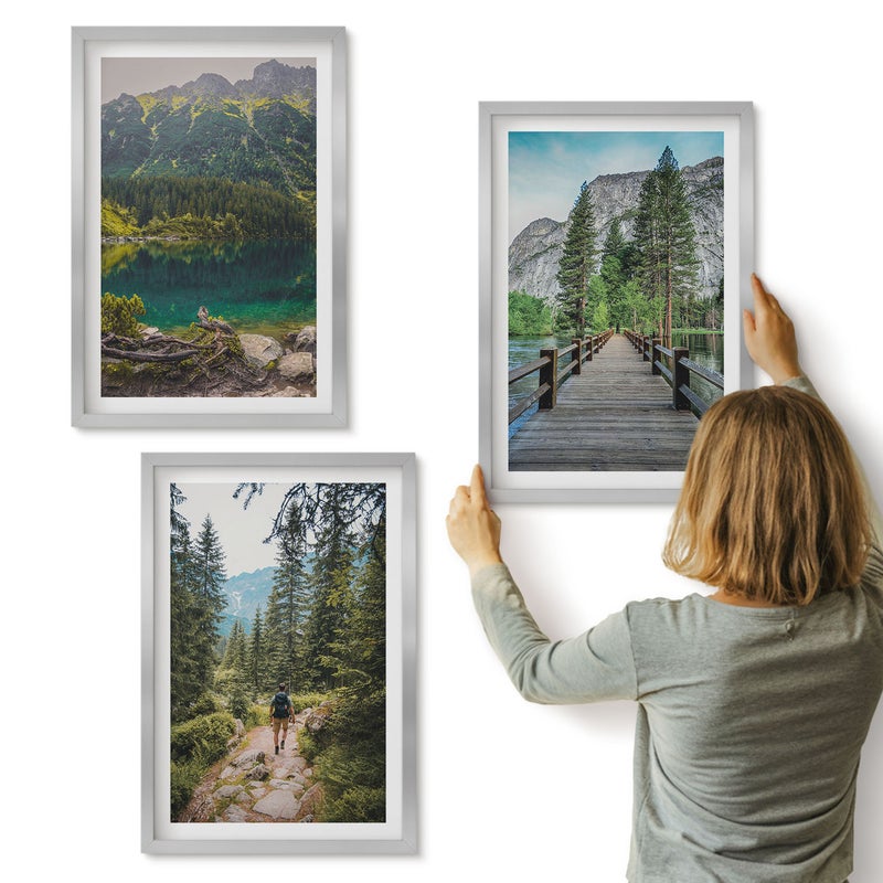 Galeria ścienna 3-częściowy komplet obrazów w srebrnych ramach - Góry jeziora lasy i ścieżki w naturze - ArtPrintCave