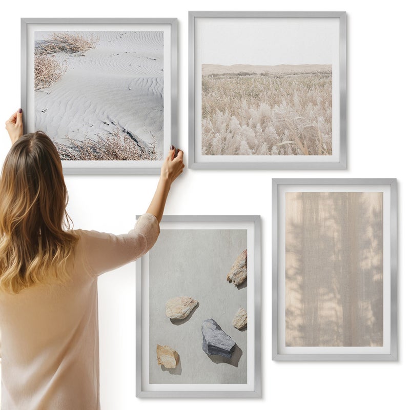 Galeria ścienna 4-częściowy komplet obrazów w srebrnych ramach - Boho tekstury naturalne struktury - ArtPrintCave