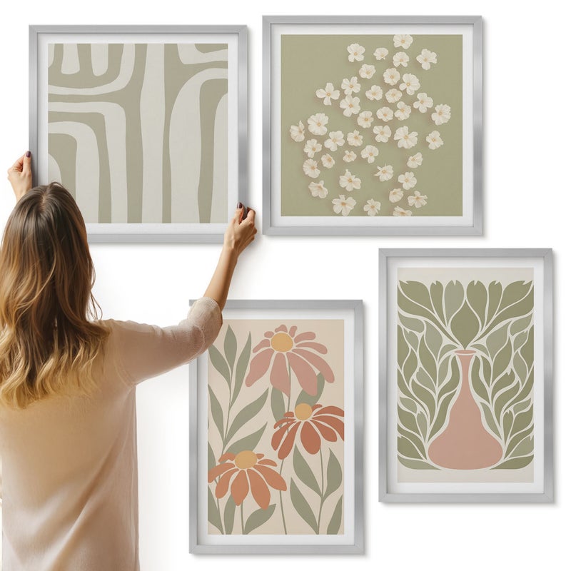 Galeria ścienna 4-częściowy komplet obrazów w srebrnych ramach - Kwiatowe motywy minimalistyczne wzory styl boho - ArtPrintCave