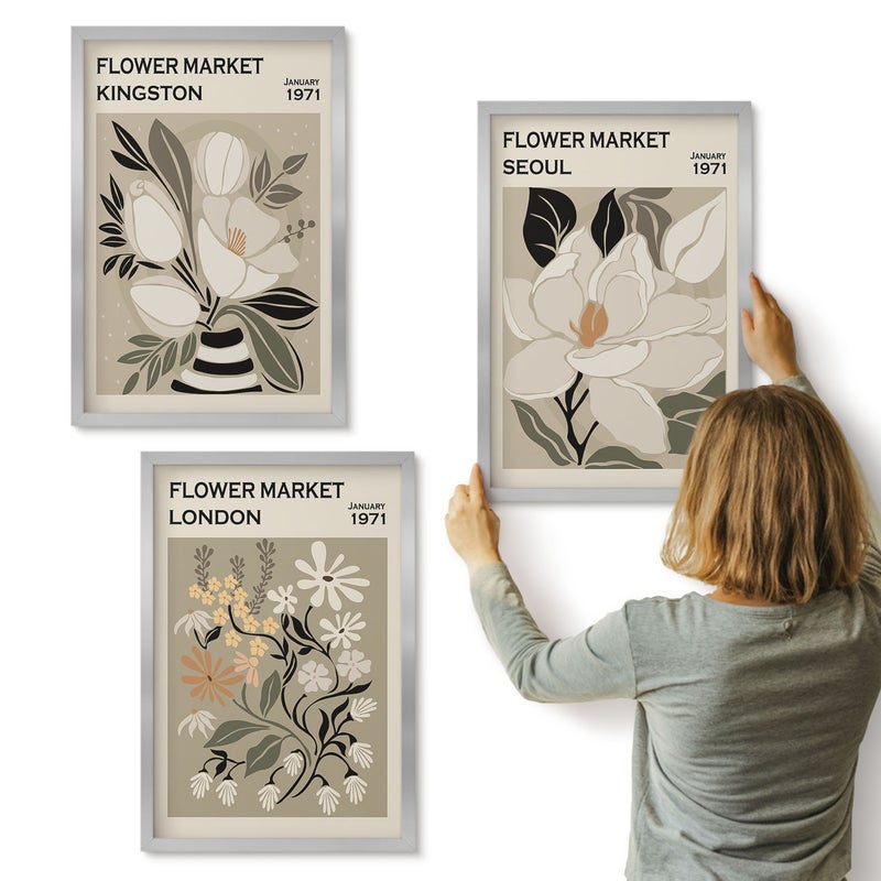 Galeria ścienna 3-częściowy komplet obrazów w srebrnych ramach - Kwiaty w stylu retro z różnych miast świata - ArtPrintCave